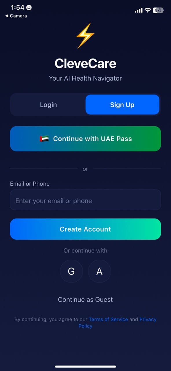 CleveCare App Login Screen